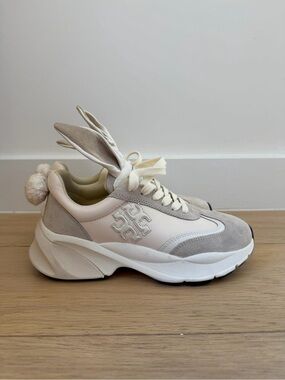 Tory Burch Ivory year of the rabbit Suede Leather Bunny-Accent Sneakers